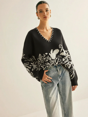 Floral Pattern V-Neck Sweater