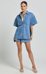 Rhianna Top - Oversized Recycled Denim Short Sleeve Shirt in Mid Blue Wash