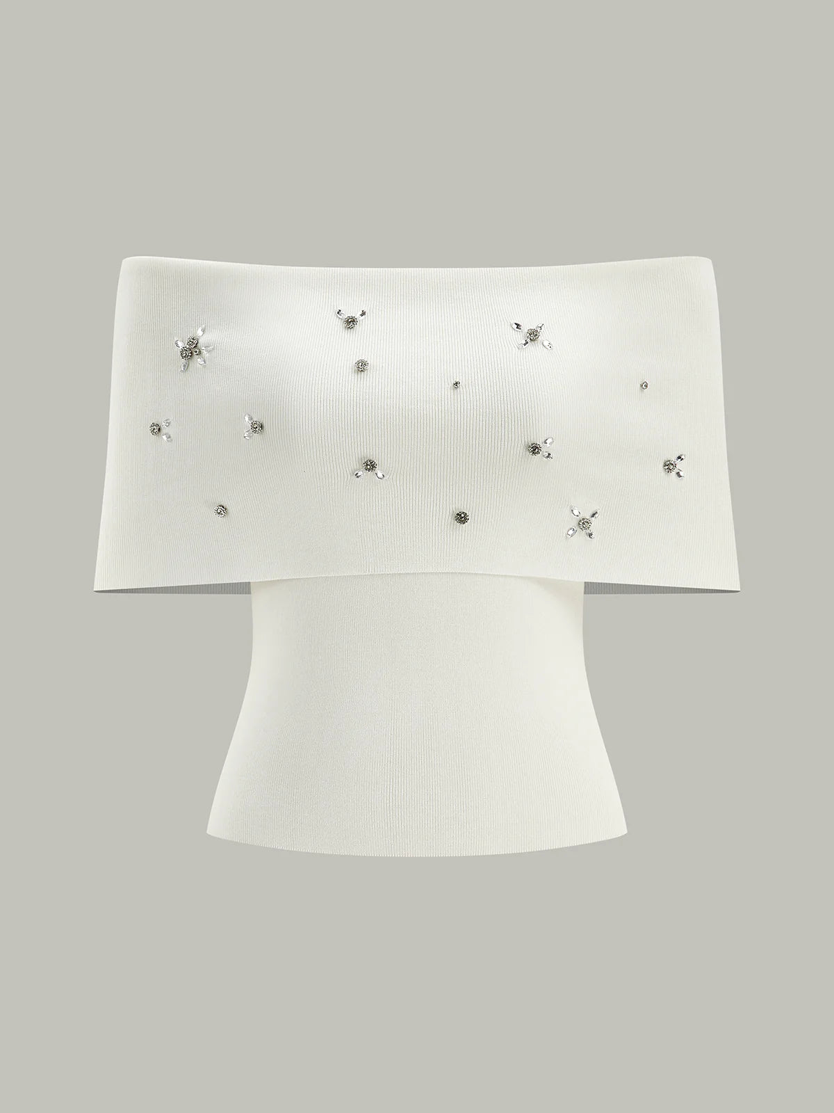 Off-Shoulder Knit Top with Crystal Embellishments