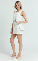 Calvin Two Piece Set - Tailored Scoop Neck Vest Top and A Line Mini Skirt Set in White Pinstripe