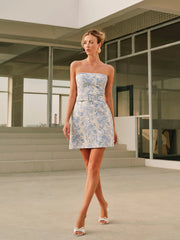 Jacquard Collarless Short Dress With Belt