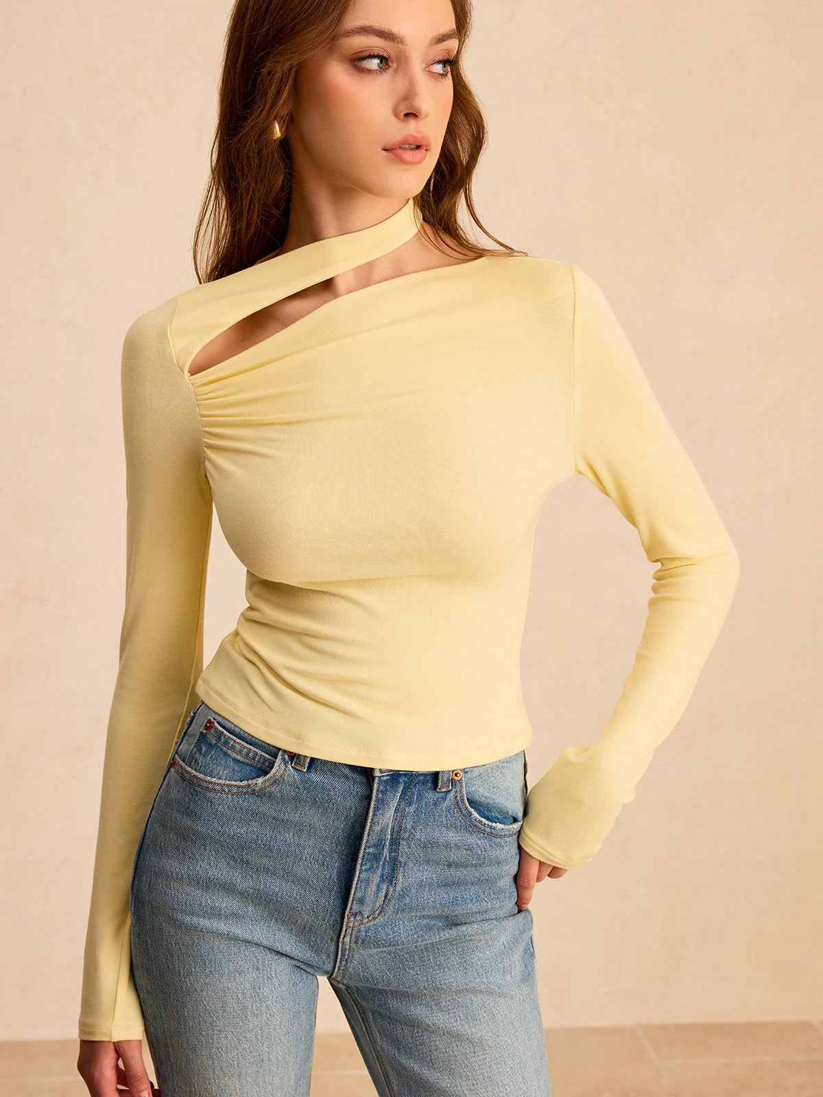 Asymmetric Cut-Out Ruched Long Sleeve Blouse