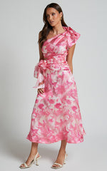 Adelia Midi Dress - One Shoulder Tie Side Cut Out Ribbon Detail Dress in Print