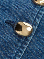 Metal Button Tie-Back Denim V-Neck Shorts Set