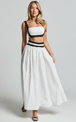 Sapphire Two Piece Set - Contrast Band Crop Top and A Line Maxi Skirt in White & Black