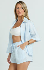 Ramona Top - Linen Short Sleeve Shirt in Pale Blue