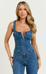 Bellerose Top - Front Zip Denim Fitted Top in Dark Blue Wash