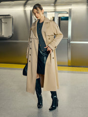 Cotton-Blend Double-Breasted Belted Long Trench Coat