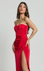 Brydie Maxi Dress - Strapless Corset Draped High Split Dress in Red