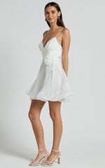 Adeline Mini Dress - Gathered Bust V Neck Rosette Detail Dress in White