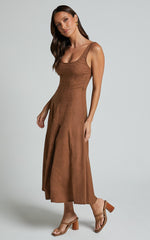 Adelyn Midi Linen Dress - Square Neck Sleeveless A Line Dress in Tobacco