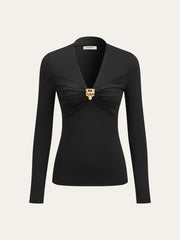 Metal Detail V-Neck Long Sleeve Blouse