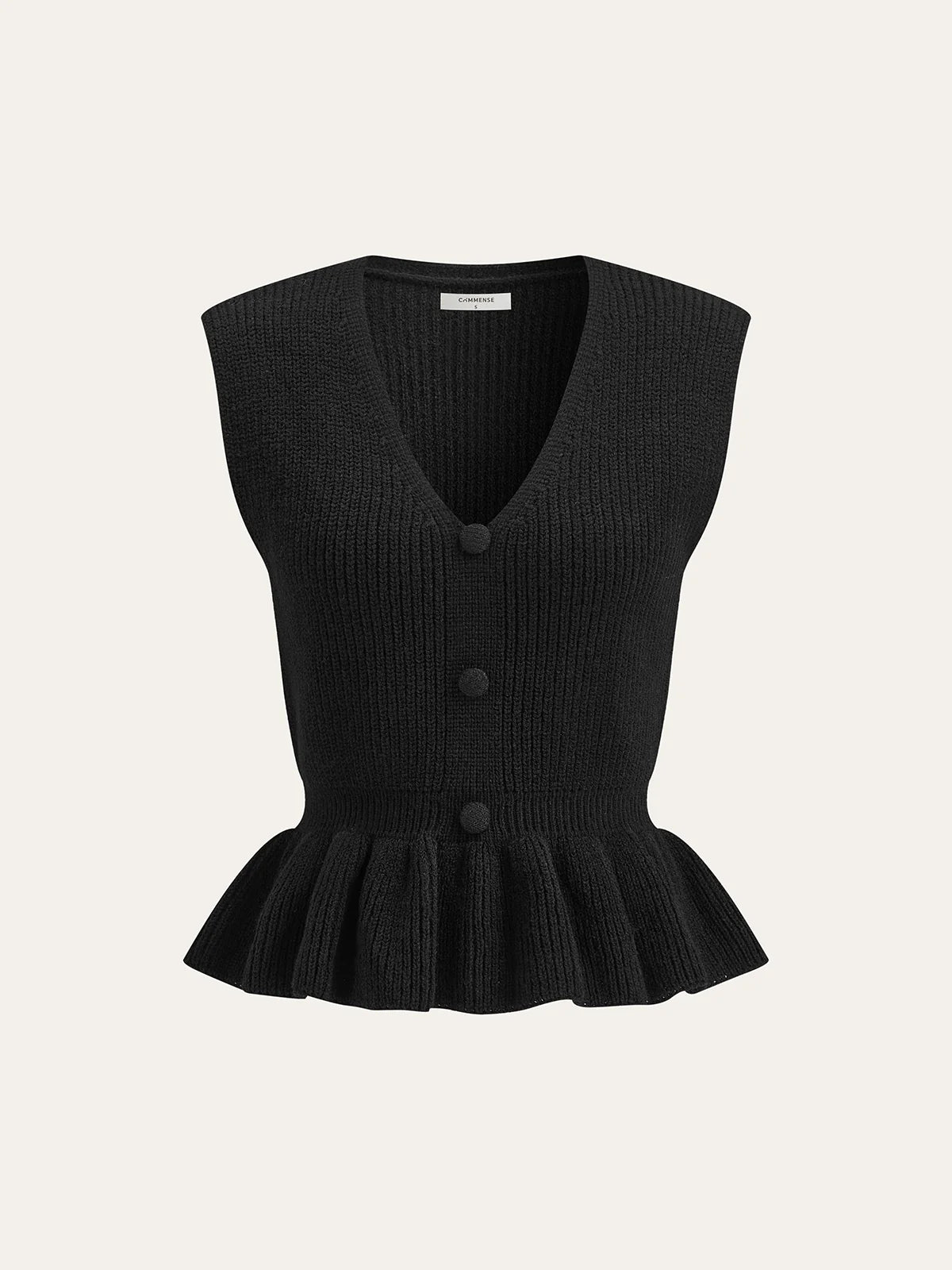Button V-Neck Knit Peplum Vest