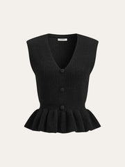 Button V-Neck Knit Peplum Vest
