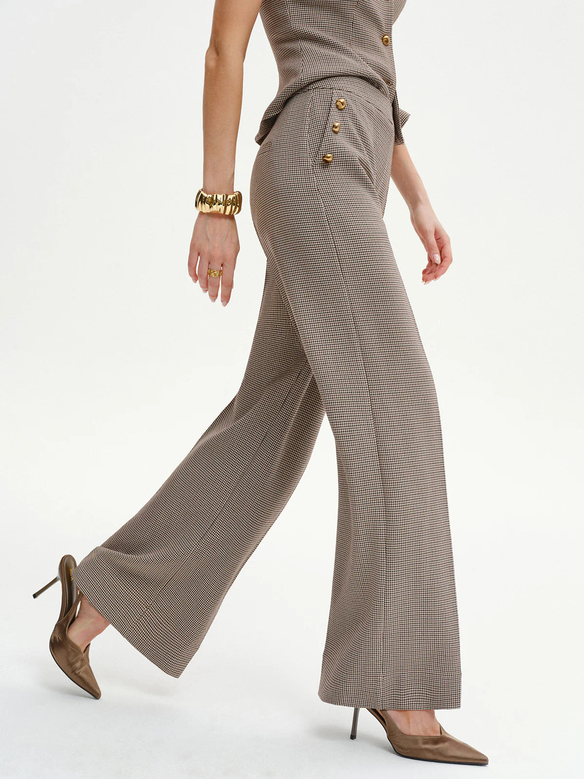 Houndstooth Metal Detail Mid-Waist Pants