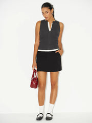 Cotton Blend Ribbed Zip-Front Sleeveless Top