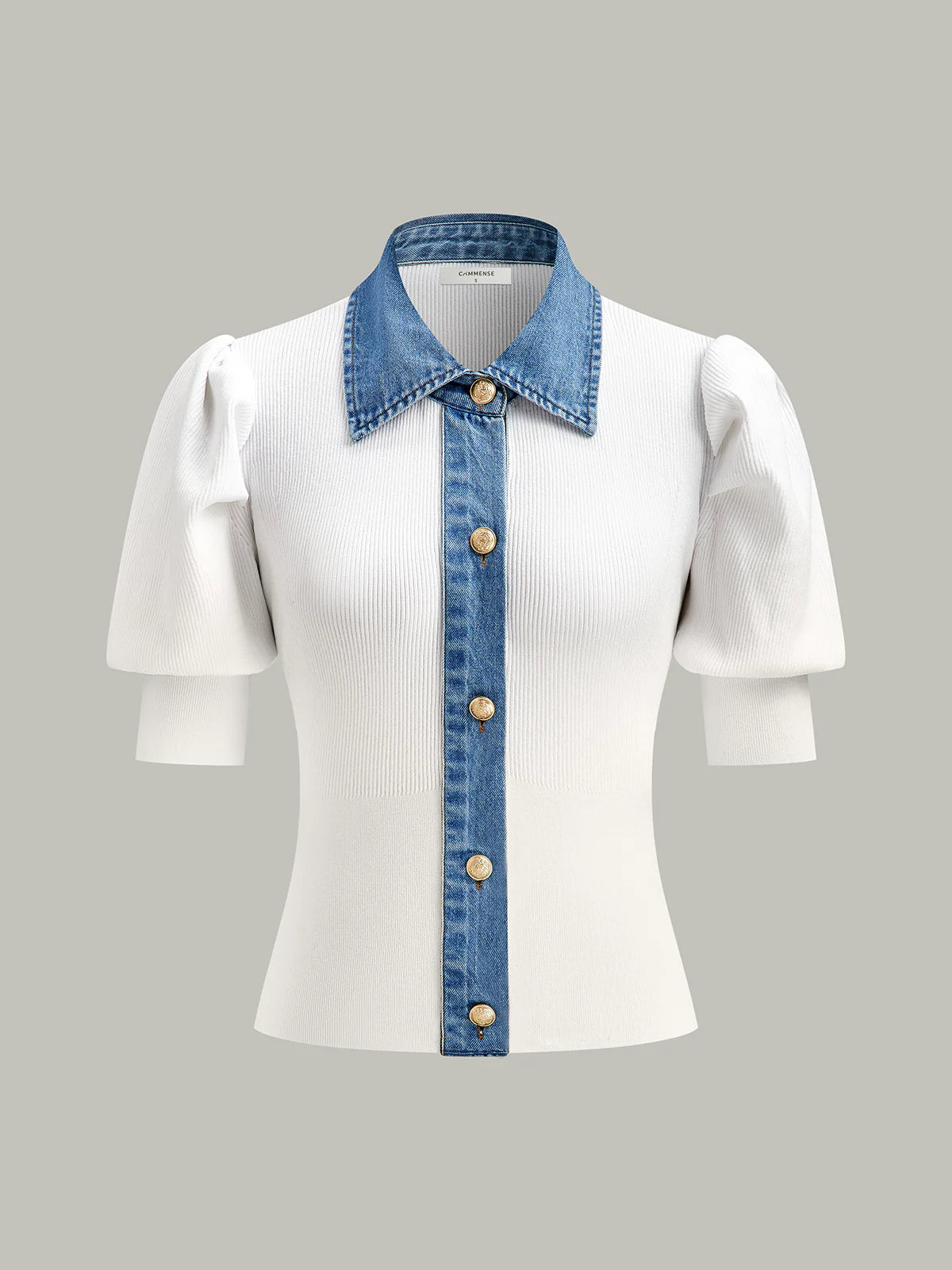Knitted and Denim Contrast Button Top