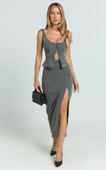 Fiona Top - Pinstripe Scoop Neck Hook And Eye Front Top in Dark Grey
