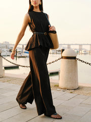 Peplum Top Wide-Leg Pants Set With Belt