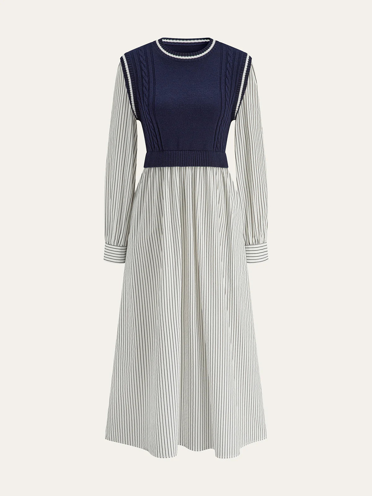 2 in 1 Cable-Knit Paneled Striped Midi Dress