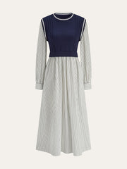 2 in 1 Cable-Knit Paneled Striped Midi Dress