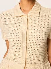 Fringed Mesh-Knit Polo Short Sleeve Top