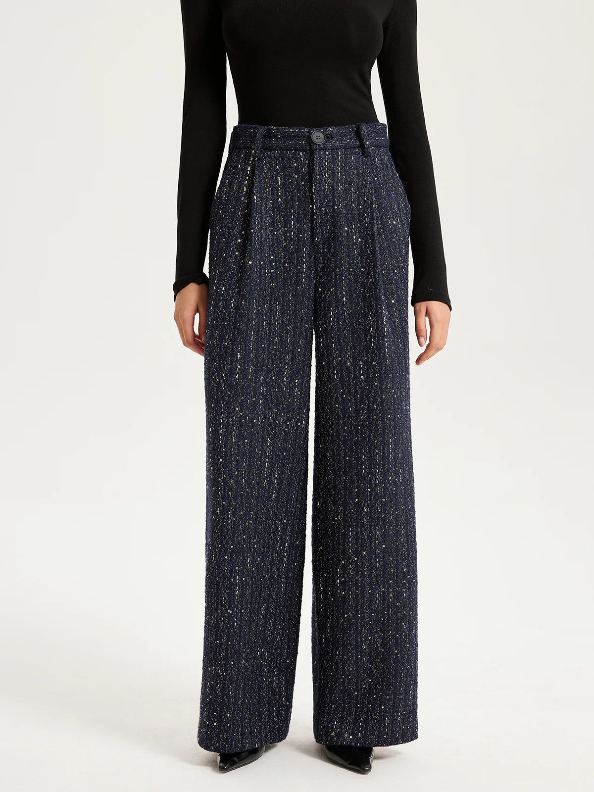 Mid-Waist Tweed Sequin Wide-Leg Pants