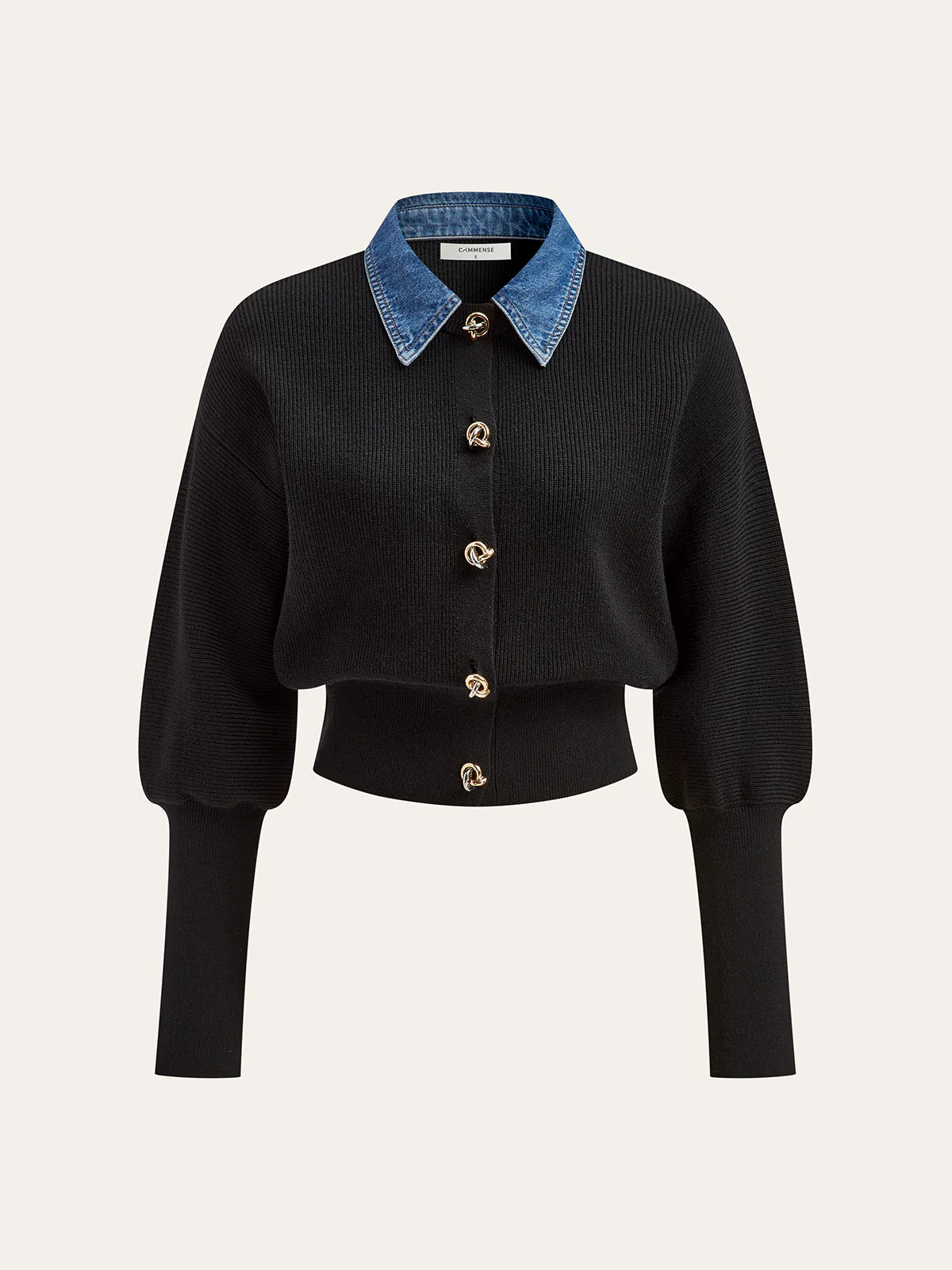 Wool Blend Denim Collar Puff Sleeve Cardigan