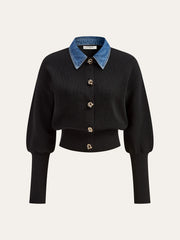Wool Blend Denim Collar Puff Sleeve Cardigan