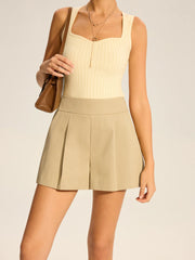 Cotton Blend Mid-Waist Pleated Shorts