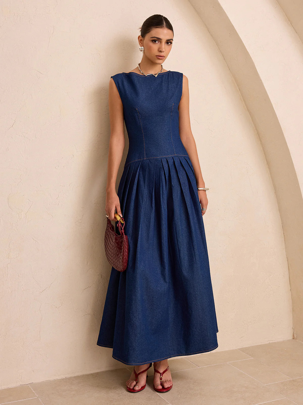 Faux Denim Sleeveless Pleated Maxi Dress