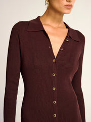 Metal Button Collar Ribbed Knit Midi Dress