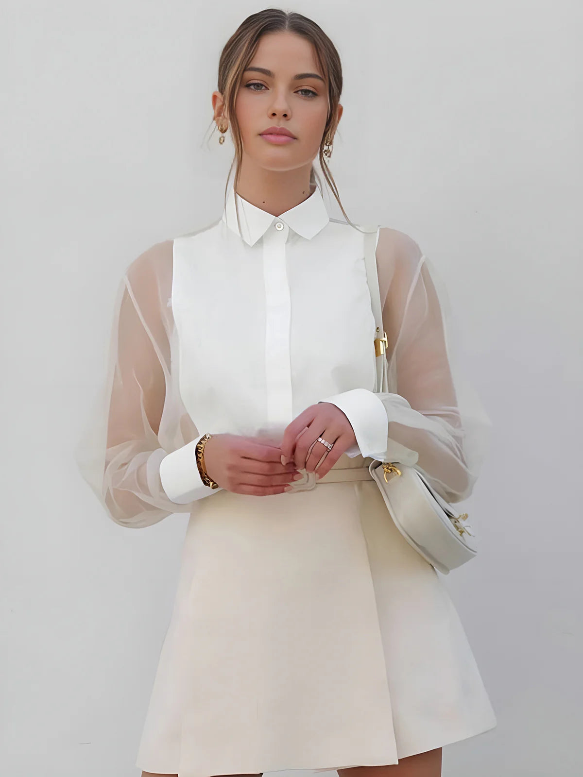 Semi-Sheer Puff Sleeve Organza Shirt
