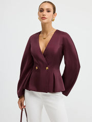 Metal Button Puff Sleeve Peplum Blazer