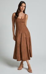 Adelyn Midi Linen Dress - Square Neck Sleeveless A Line Dress in Tobacco