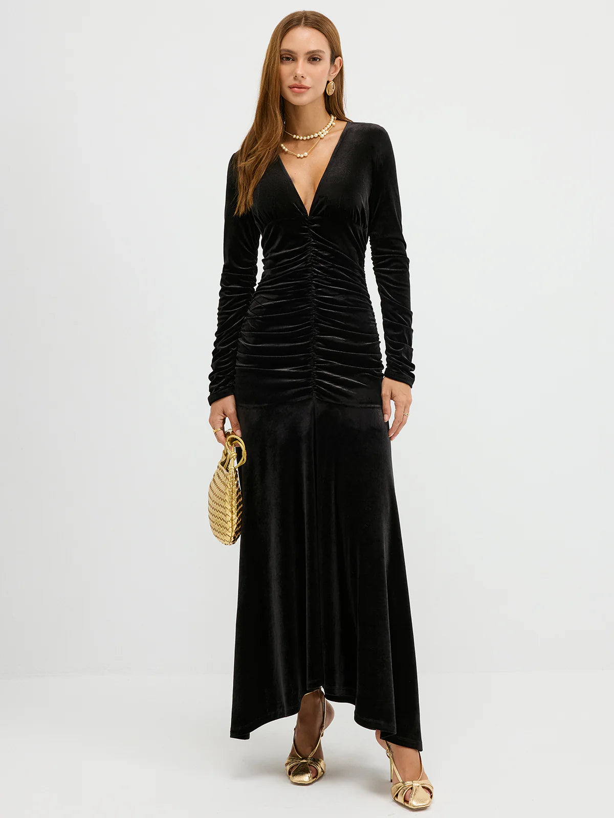 Velvet Ruched Plunge Maxi Dress