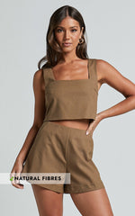 Salvador Two Piece Set - Linen Sleeveless Crop Top and High Waisted Tailored Shorts in Olive
