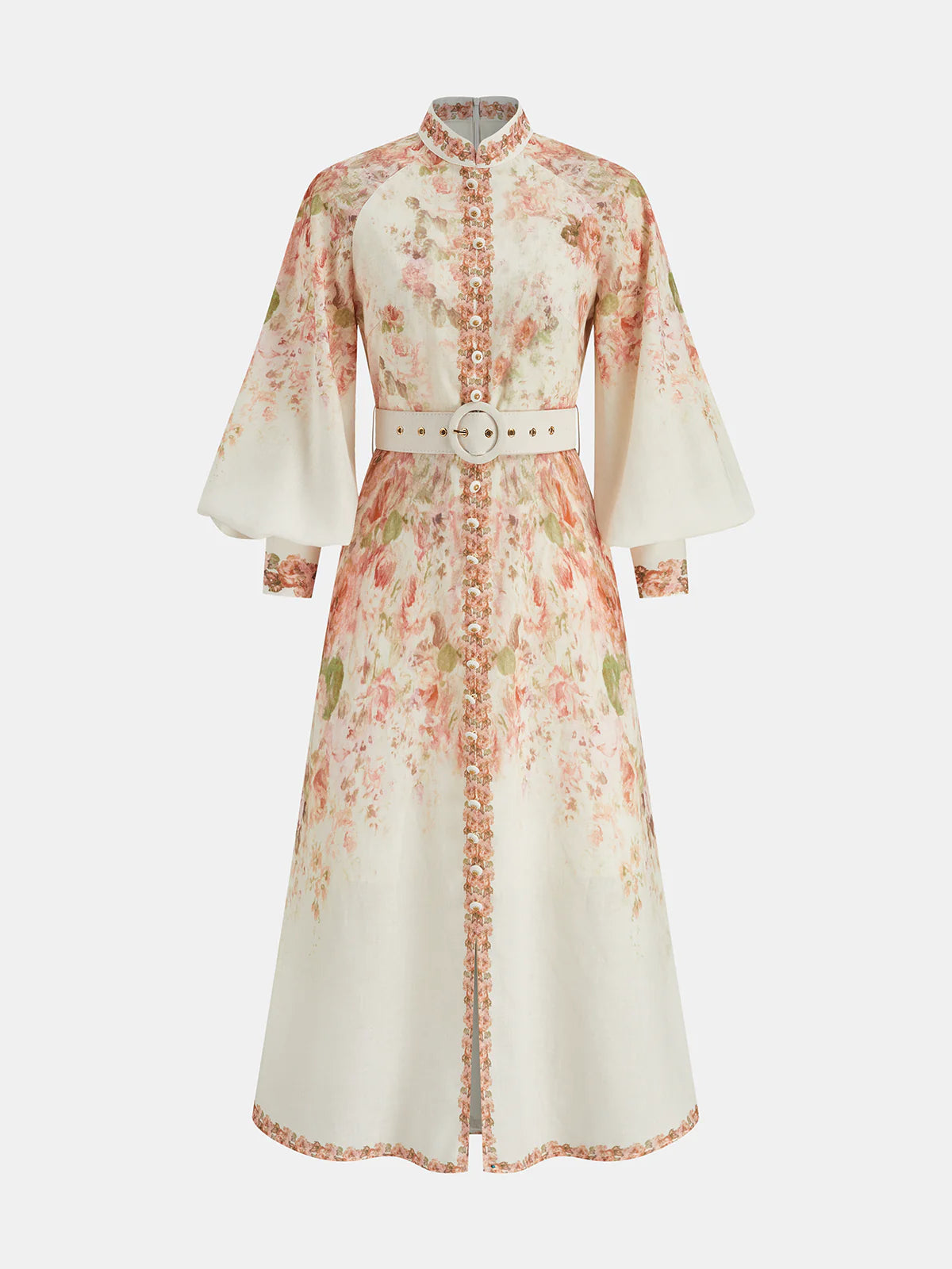 Leg-Of-Mutton Sleeve Floral Print Belted Maxi Dress