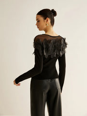 Semi-Sheer Floral Decor Slim Blouse