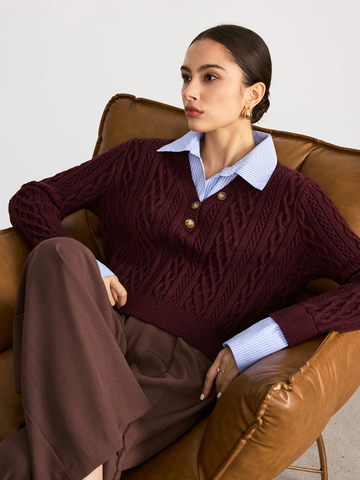 2 in 1 Striped Shirt Panel Cable Knit Top