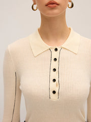 Wool Blend Ribbed Polo Knit Top