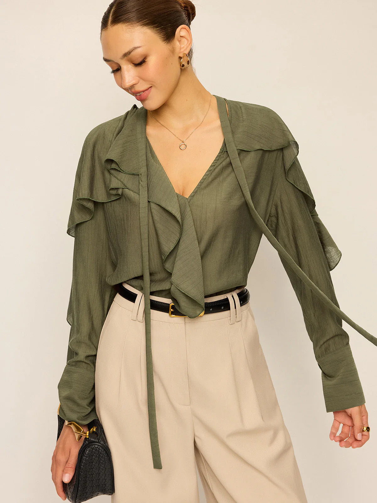 Neckline Tie Ruffled Blouse