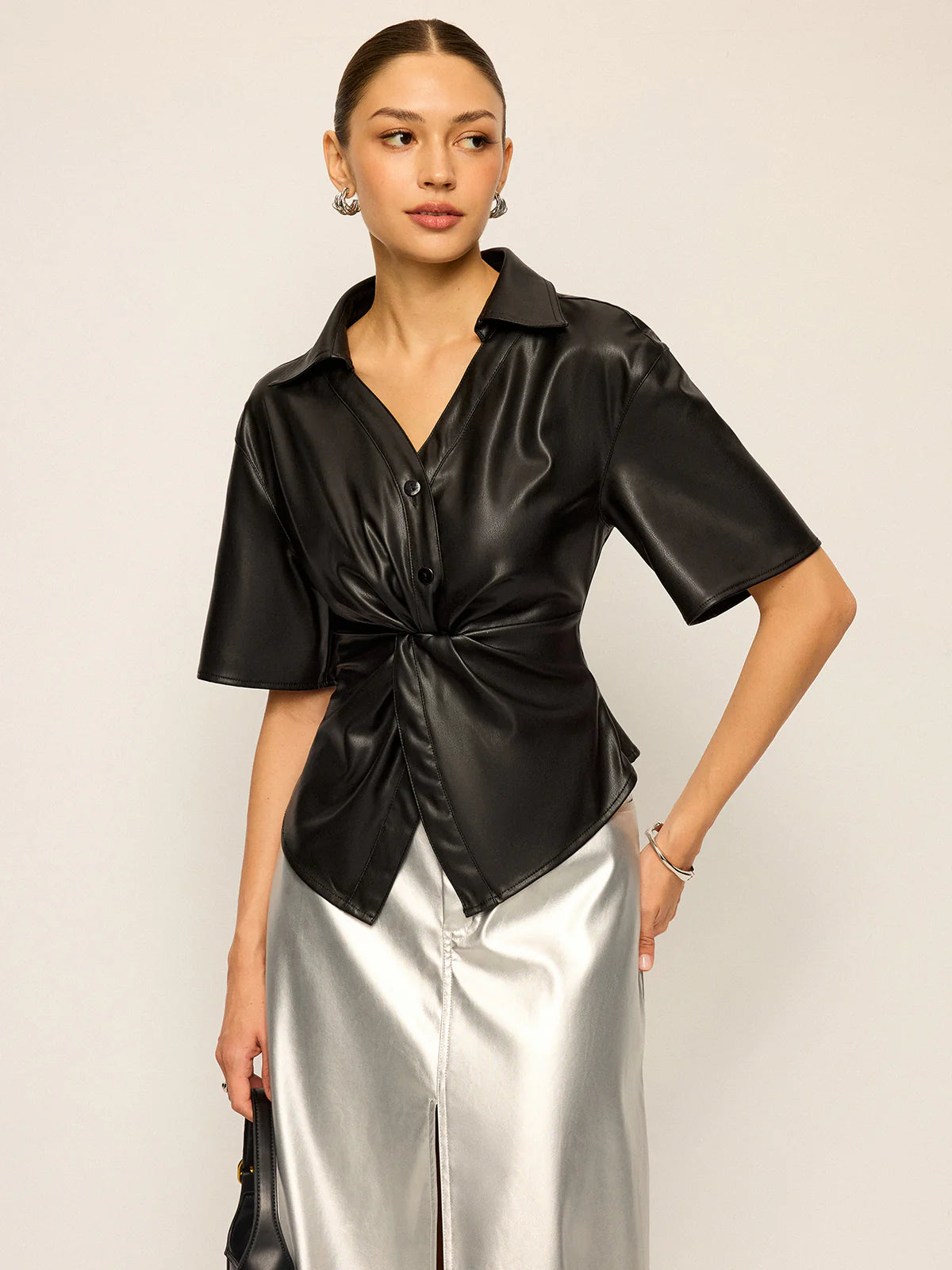 PU Leather Short Sleeve Twisted Blouse