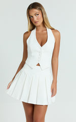 Kady Playsuit - Halter Button Down Vest Pleated Skirt Playsuit in White