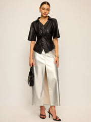 PU Leather Short Sleeve Twisted Blouse