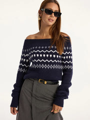 Off-Shoulder Fair Isle Knit Sweater