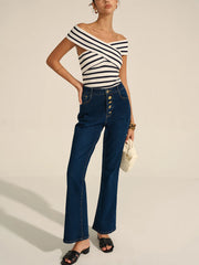 Striped Off-Shoulder Cross Knit Top