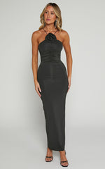 Teagan Midi Dress - Bodycon Ruched Asymmetric Strap Rosette Dress in Black