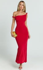 Isabel Midi Dress - Twist Off Shoulder Bodycon Dress in Red