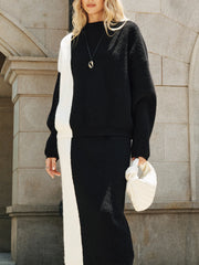 Color-Block Knit Sweater and Midi Skirt Set